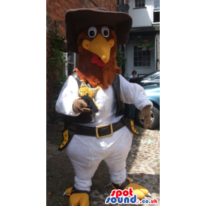Funny chicken sheriff mascot with hat, gun and waistcoat -