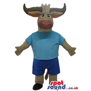 Sporty brown deer wearing a light-blue t-shirt and blue