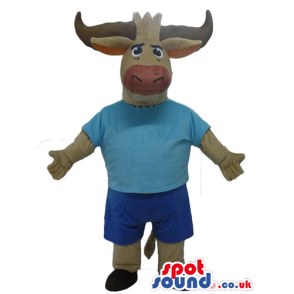 Sporty brown deer wearing a light-blue t-shirt and blue