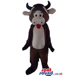 Brown cow with horns, an open red mouth and a pink belly -