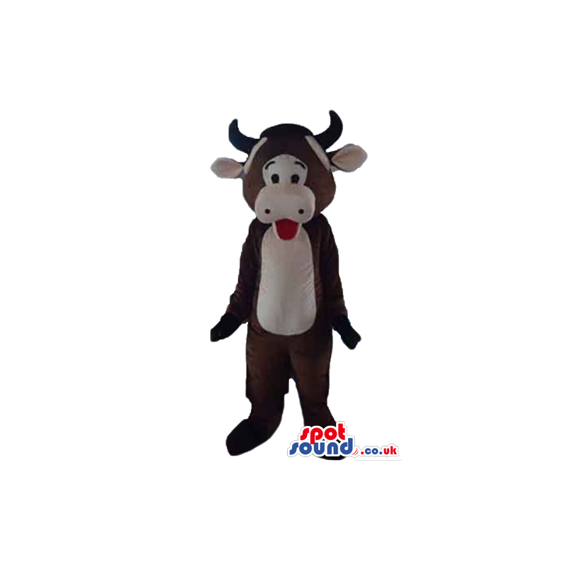 Brown cow with horns, an open red mouth and a pink belly -