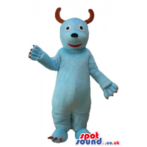 Light-blue bear with a red nose, brown horns and red nails in
