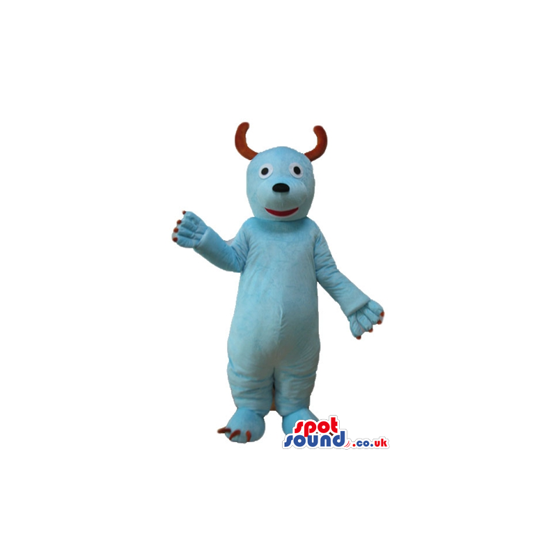 Light-blue bear with a red nose, brown horns and red nails in