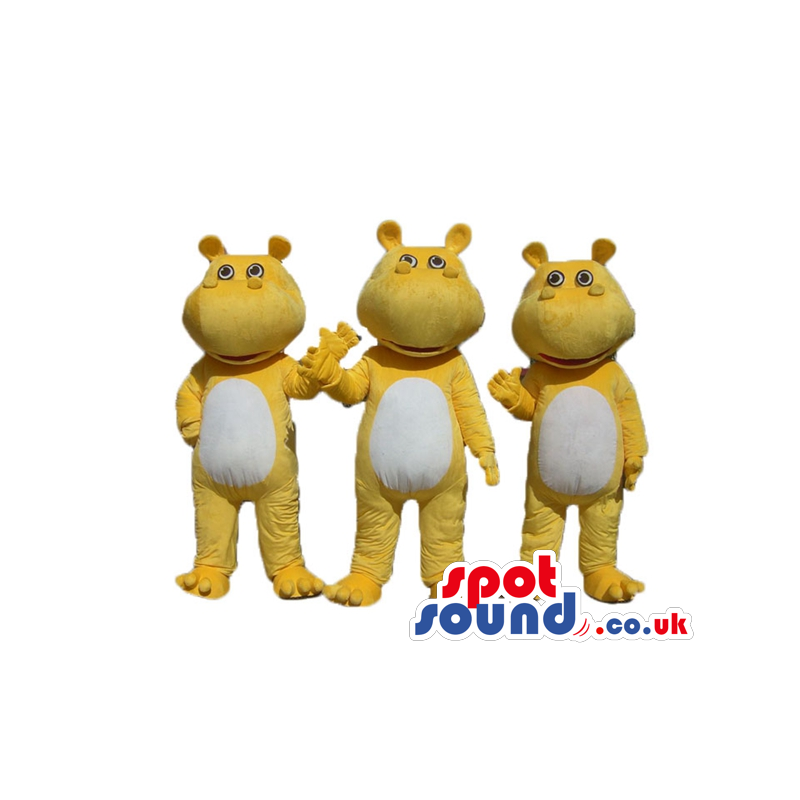 Three smiling yellow hippos with a white belly - Custom Mascots