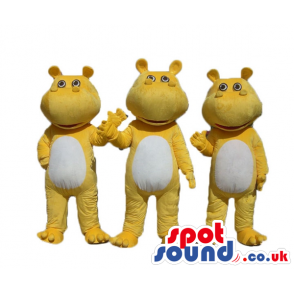 Three smiling yellow hippos with a white belly - Custom Mascots