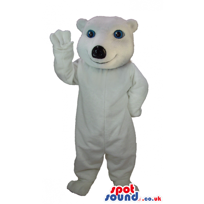 Cute looking and smiling polar bear mascot with naïve blue eyes