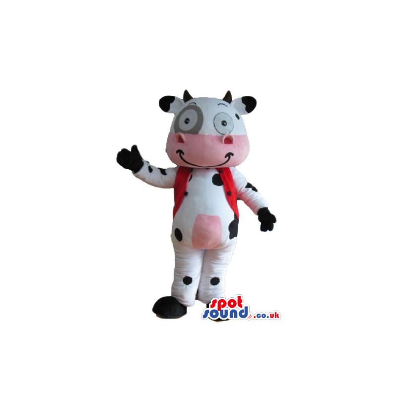 Smiling white cow with black spots, pink belly and mouth, a