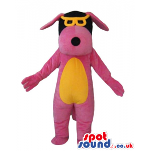 Fashionable pink dog with black ears and an orange belly