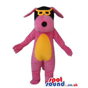 Fashionable pink dog with black ears and an orange belly