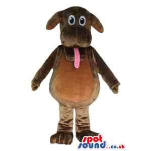 Chocolate brown dog with small ears and a long pink tongue -