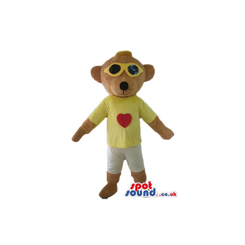 Fashionable beige bear wearing yellow-framed dark glasses, a