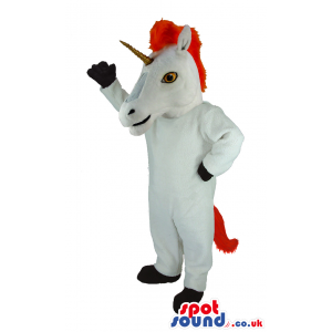 Delightful white unicorn mascot with red crest and tail