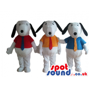 3 snoopy dogs wearing a red shirt and a blue tie, an orange