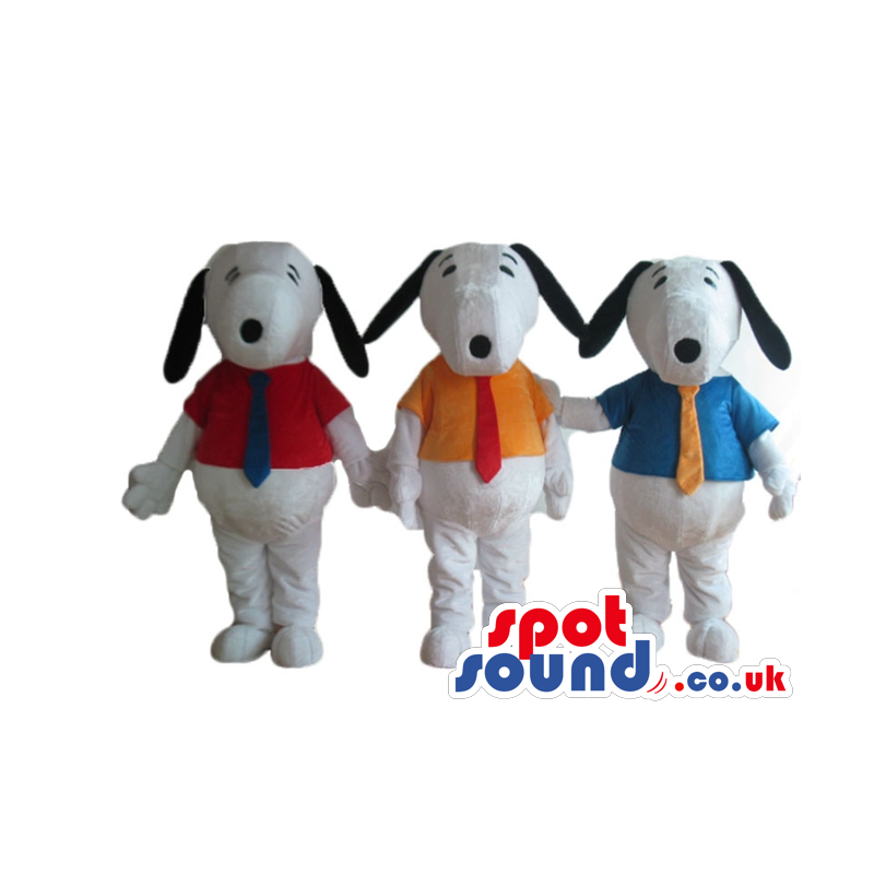3 snoopy dogs wearing a red shirt and a blue tie, an orange