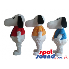 3 snoopy dogs wearing a red shirt and a blue tie, an orange