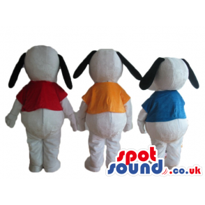 3 snoopy dogs wearing a red shirt and a blue tie, an orange