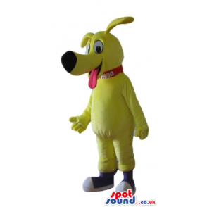 Yellow dog with big eyes and long nose, sticking its red tongue