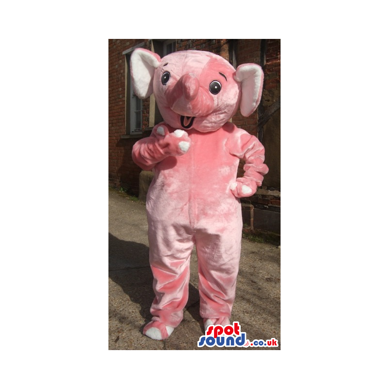 Pink plush elephant mascot with short trunk and black round