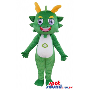 Smiling green female monster with big purple eyes, a white