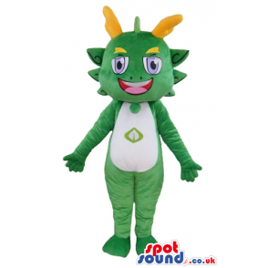 Smiling green female monster with big purple eyes, a white