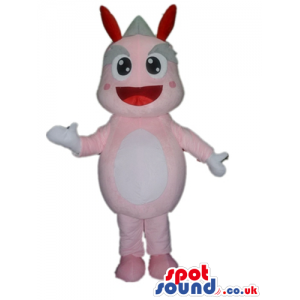 Smiling pink monster with open mouth, big eyes, thick grey