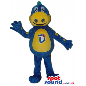 Blue and yellow dino with yellow belly with letter d on it -