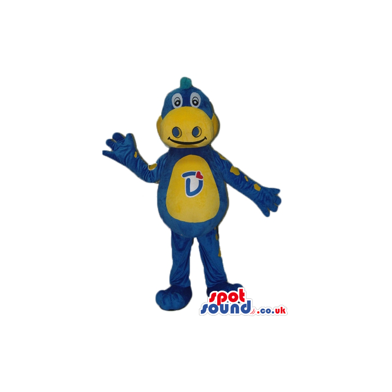 Blue and yellow dino with yellow belly with letter d on it -