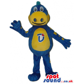 Blue and yellow dino with yellow belly with letter d on it -