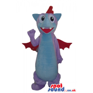Cute light blue and purple dino with big eyes, two teeth, small