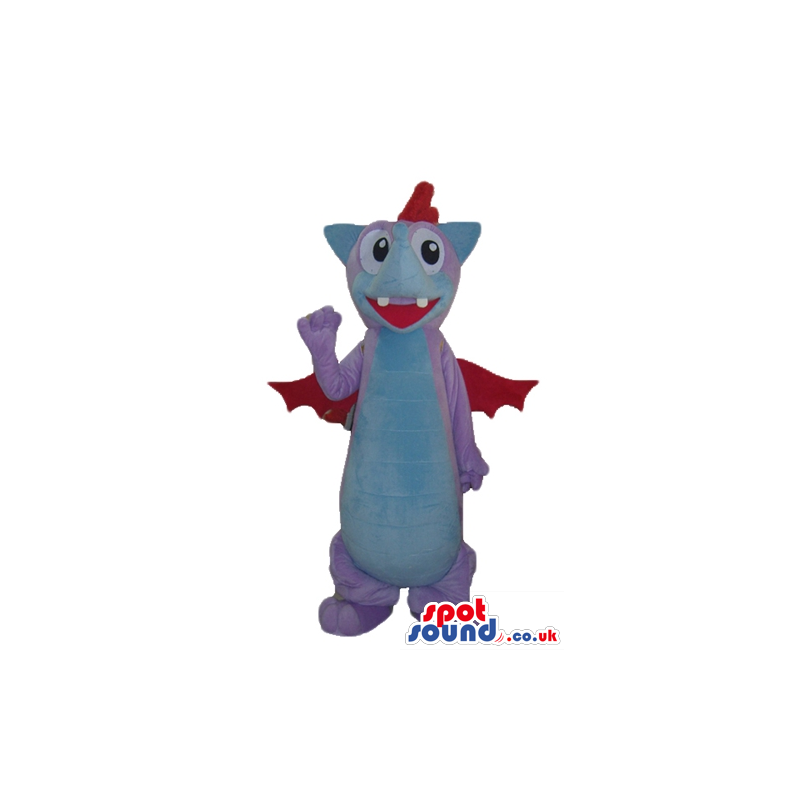 Cute light blue and purple dino with big eyes, two teeth, small