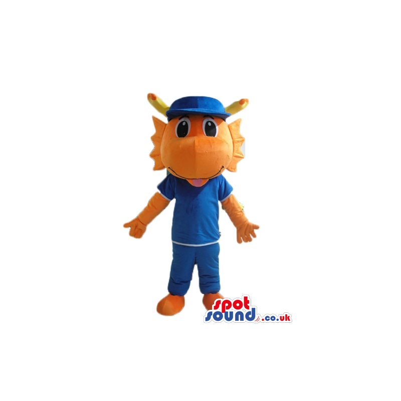 Orange monster dressed in a blue t-shirt, blue trousers and a