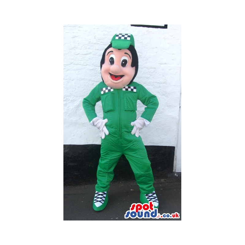 Delighted driver mascot with green outfit, hat and white gloves
