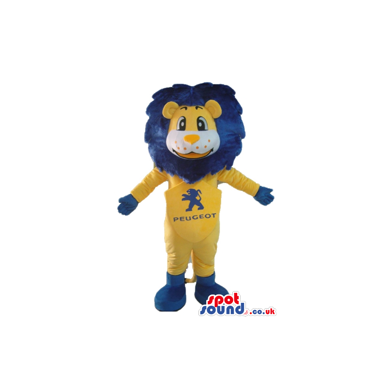 Yellow lion with blue hair dressed in a yellow suit with