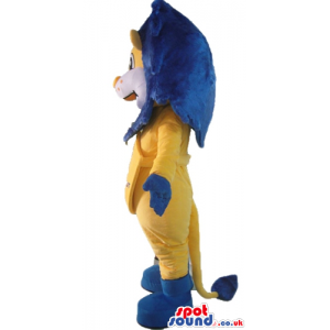 Yellow lion with blue hair dressed in a yellow suit with