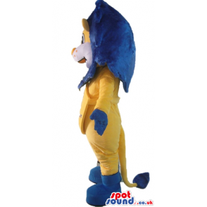 Yellow lion with blue hair dressed in a yellow suit with