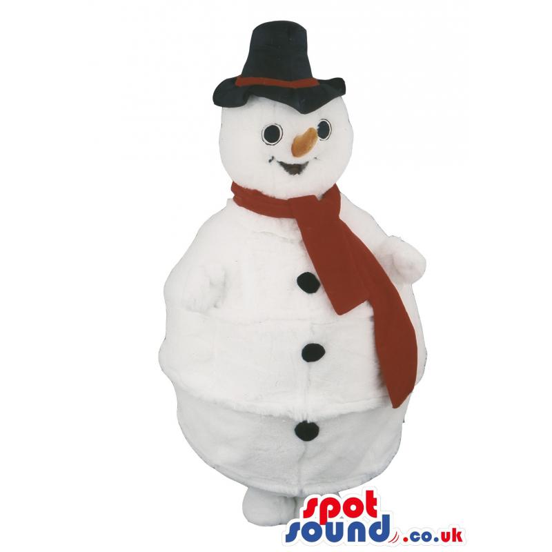 Snow man mascot with yellow nose and a red muffler in black hat
