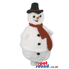 Snow man mascot with yellow nose and a red muffler in black hat