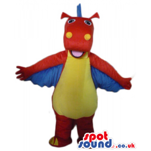 Red dino with a yellow belly and blue wings and plaques on head