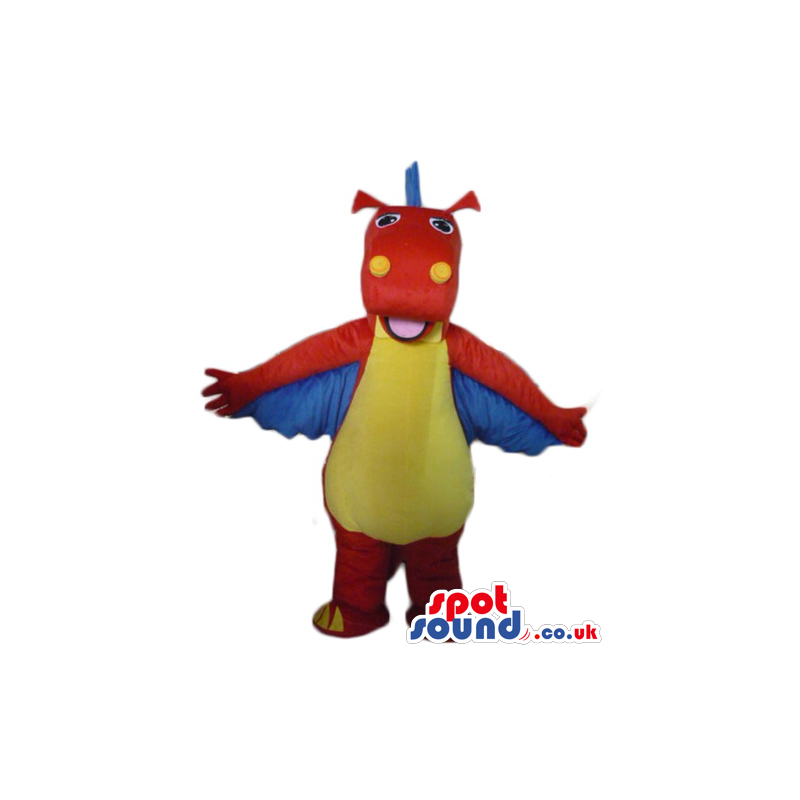 Red dino with a yellow belly and blue wings and plaques on head