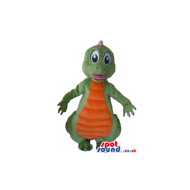 Green dino with big eyes, an orange belly and pink plaques on