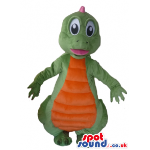 Green dino with big eyes, an orange belly and pink plaques on