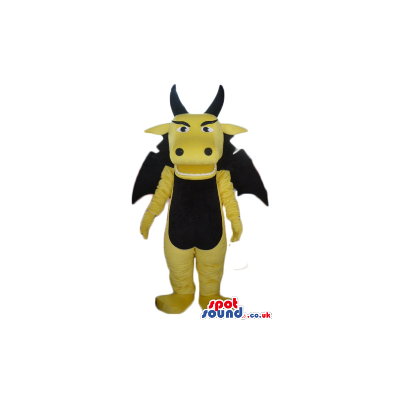 Fierceful yellow dragon with teeth, angry eyes, long black