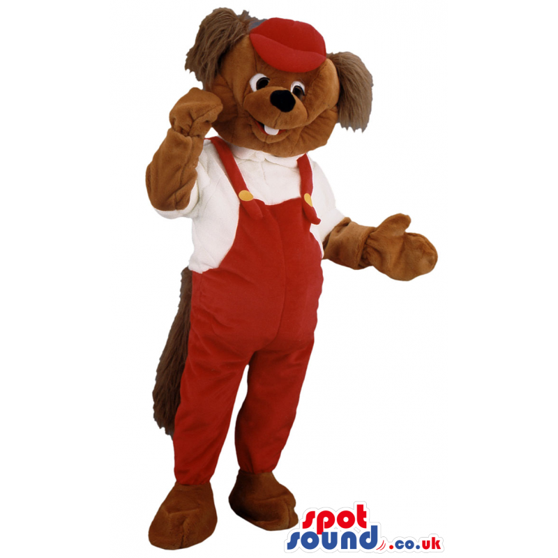 Squirrel mascot wearing red cap, white shirt and red overalls -