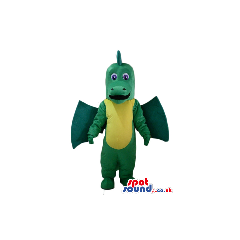 Green monster with yellow belly and green wings and plaques on
