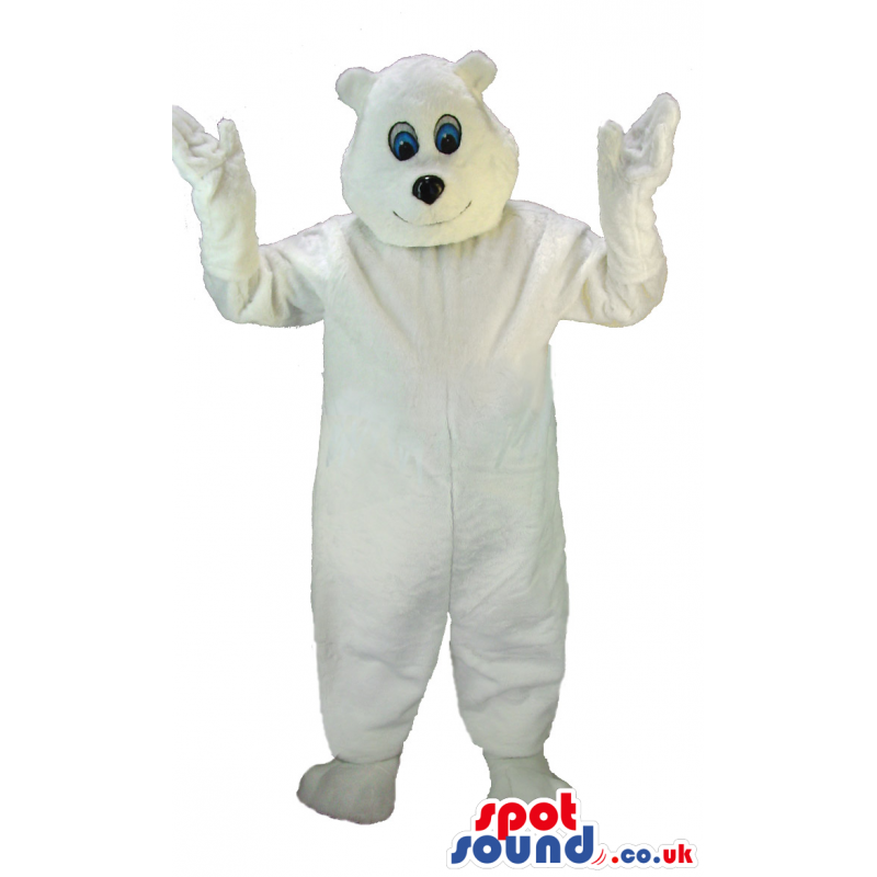 Standing white polar bear mascot with blue eyes showing big
