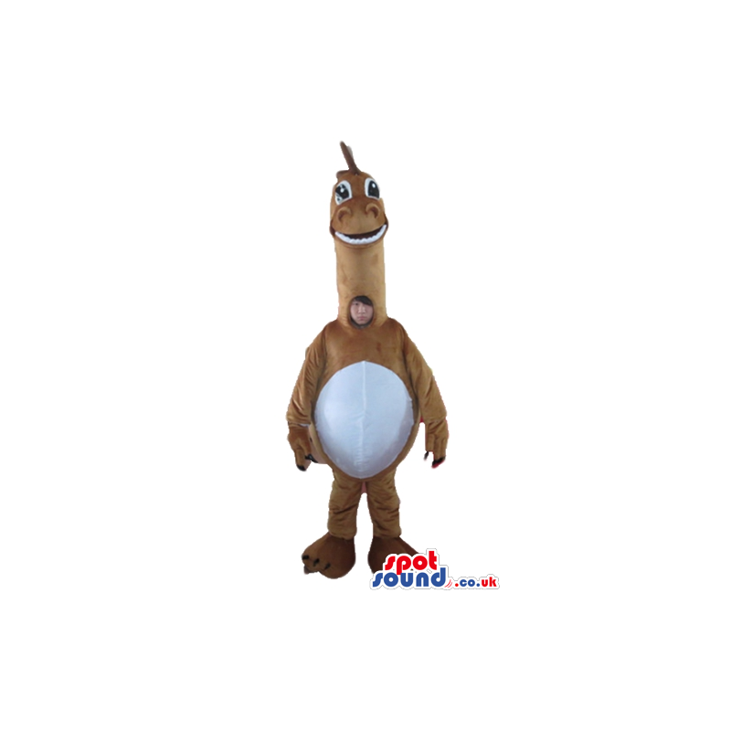 Mascot costume of brown dino with white belly - Custom Mascots