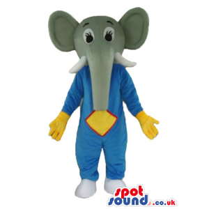 Grey elephant with a long nose dressed in a blue, yellow and