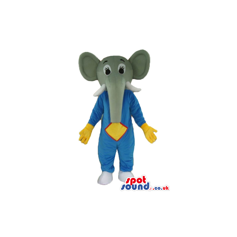 Grey elephant with a long nose dressed in a blue, yellow and