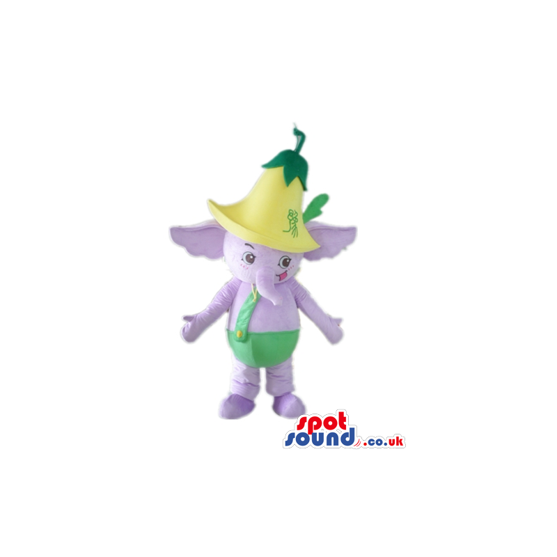 Purple elephant wearing a yellow and green hat and green