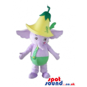 Purple elephant wearing a yellow and green hat and green